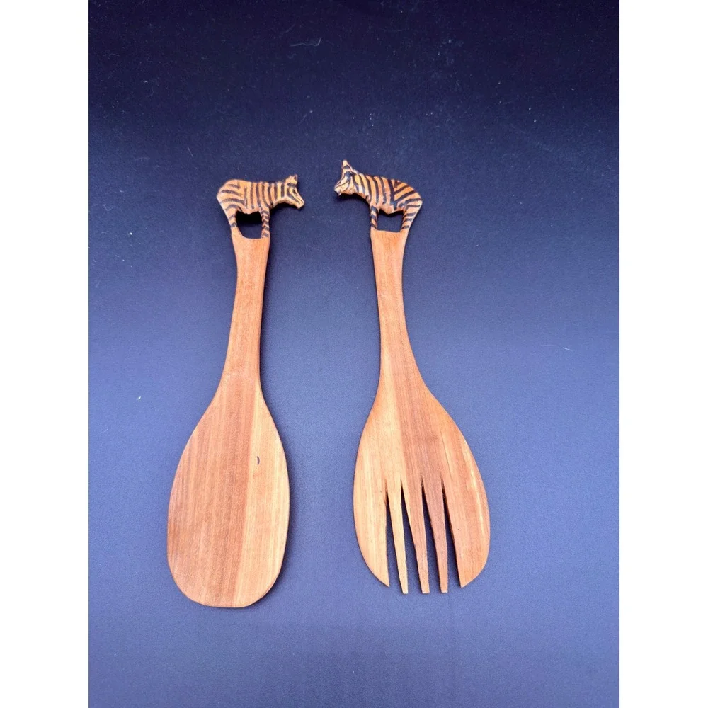 Hand Carved Wooden Zebra Salad Server Set 2 Piece Serving Spoon and Fork Animal